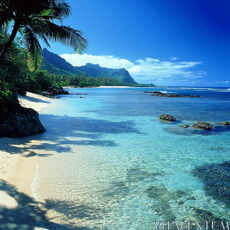 Serene Tropical Beach with Mountains AI Image