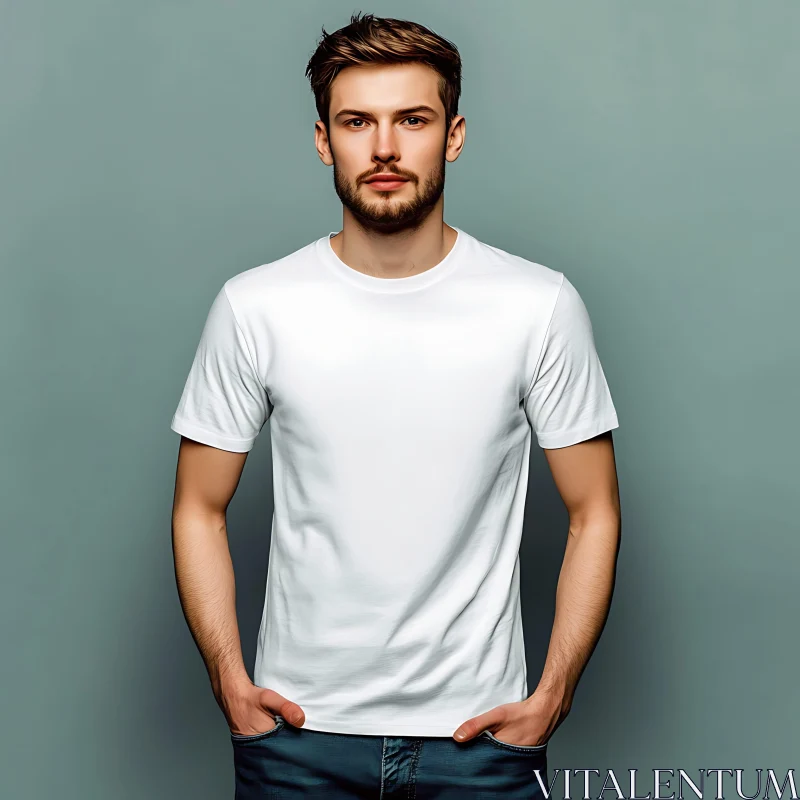 Relaxed Man in Simple White T-Shirt and Blue Jeans AI Image