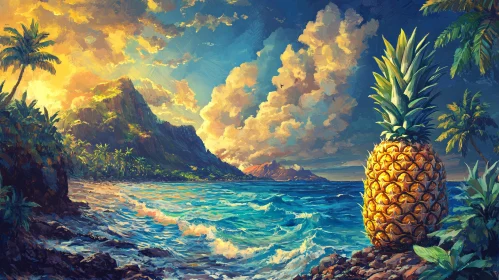 Sunset on a Tropical Island Beach with Pineapple