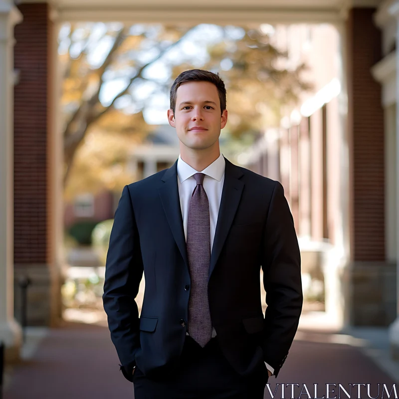 Confident Man in Black Suit with Autumn Background AI Image