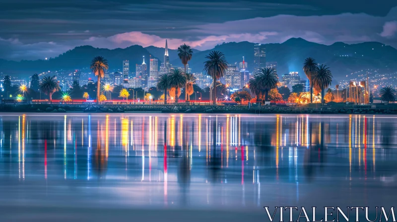 AI ART City Lights and Palm Trees Night Reflection