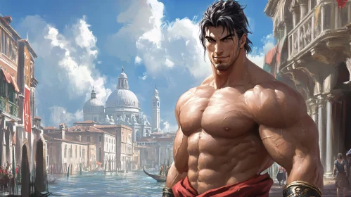 Fantasy Scene with Muscular Man in Venice