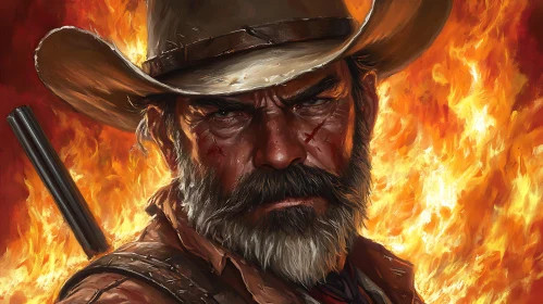 Stern Cowboy Against Flames