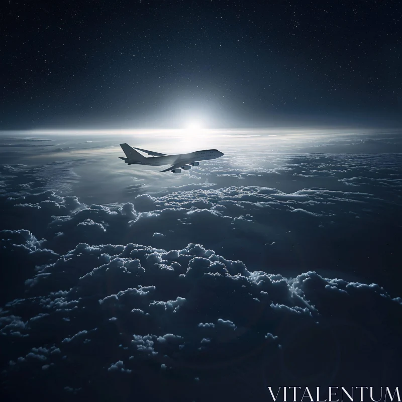 AI ART Airplane Gliding in Moonlit Clouds