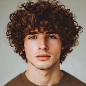 Young Man with Curly Hair and Calm Expression