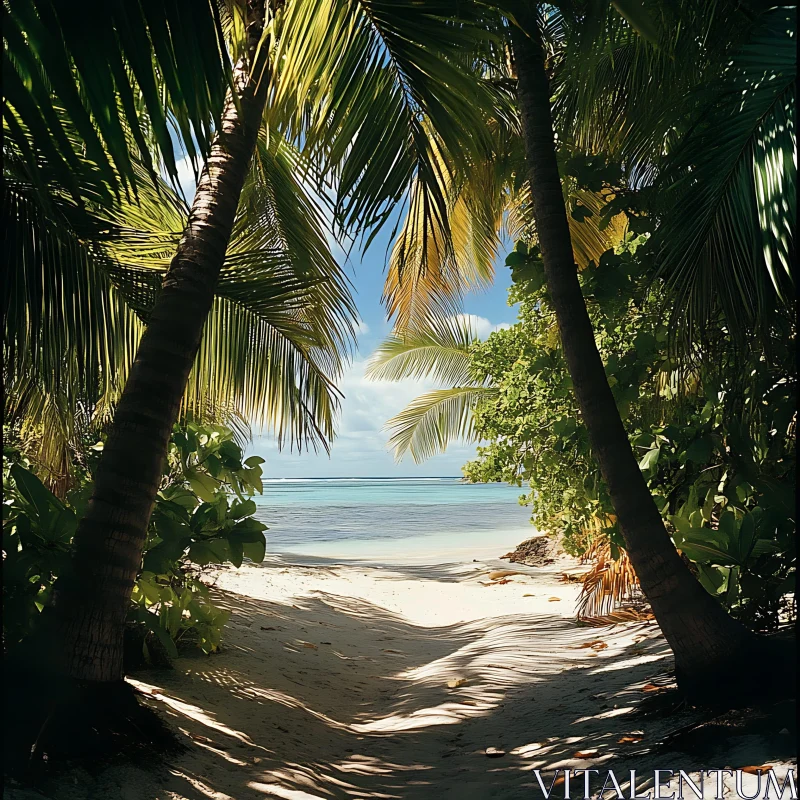 Idyllic Tropical Beach Path Framed by Palm Trees AI Image