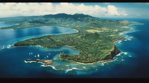 Tropical Island Aerial with Sailboats and Mountains