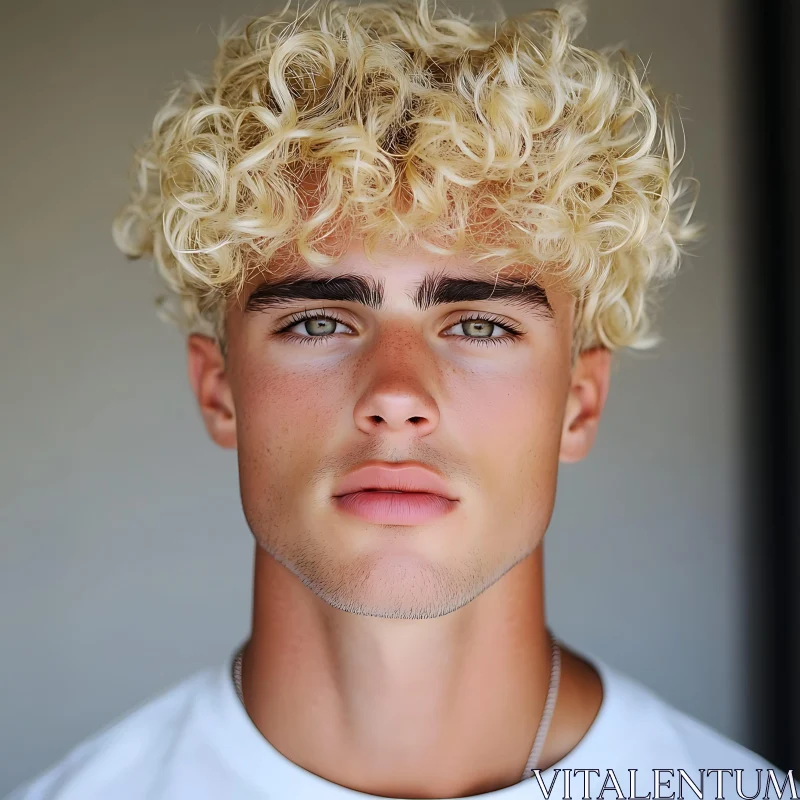 Blonde Curly Haired Young Man Portrait AI Image