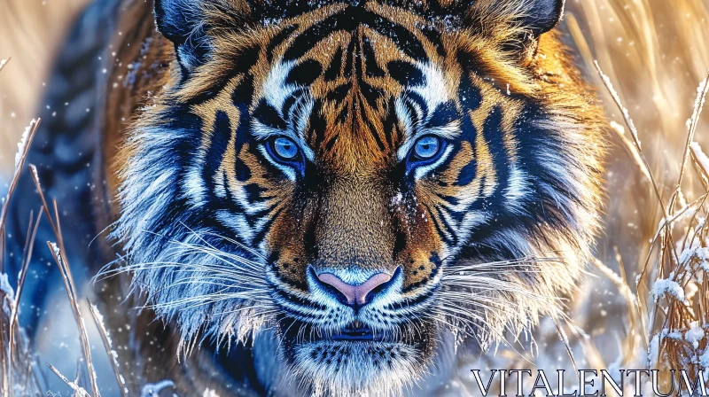 Tiger with Blue Eyes in Snow AI Image