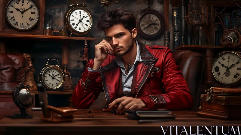 Pensive man in Red Jacket in Antique Setting AI Image