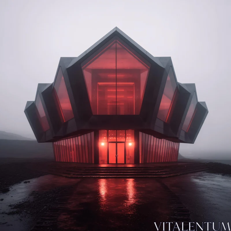 Contemporary Architecture in Fog with Red Lights AI Image