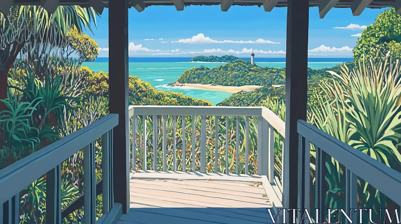 Tropical Island Viewed from a Wooden Balcony AI Image