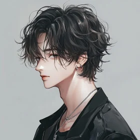 Stylish Anime Man in Profile with Tousled Dark Hair