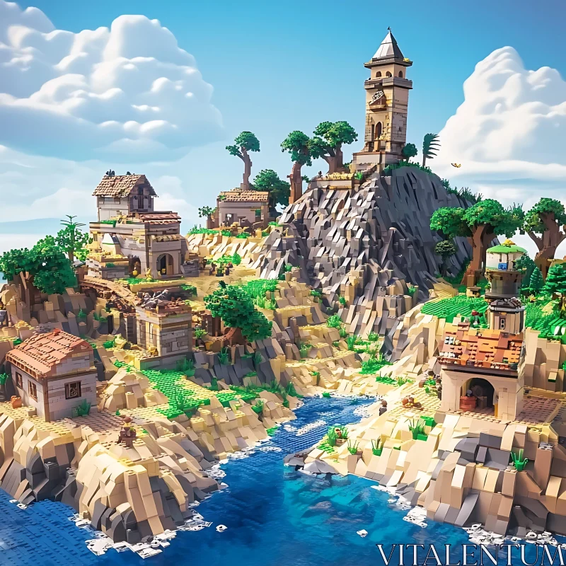 Charming LEGO Village on a Rocky Hill with Tower and Blue Water AI Image