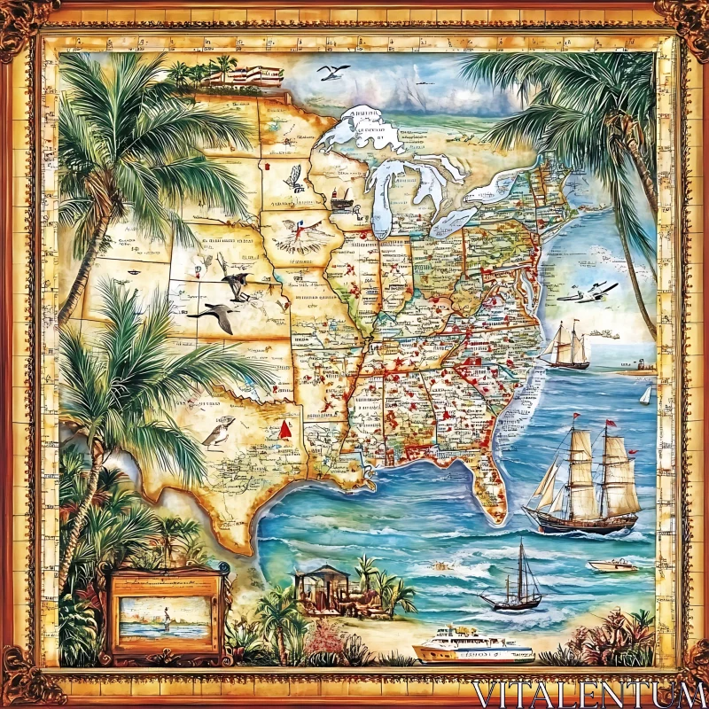 Decorative Vintage USA Map with Palm Trees and Ships AI Image