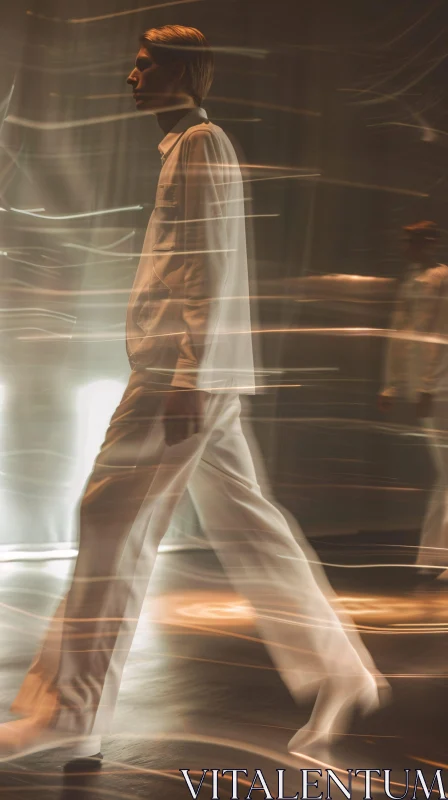 Fashion Model in Flowing White Garb Captured Mid-Movement AI Image