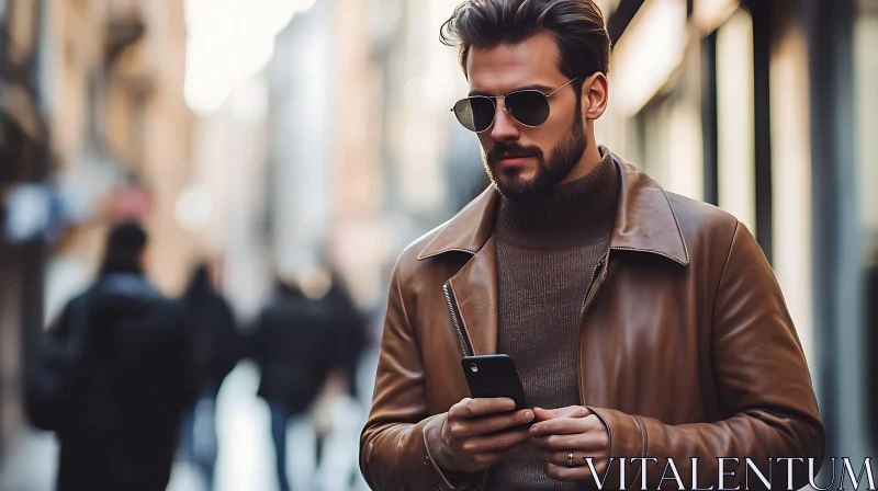 Fashionable Man Walking in City with Smartphone AI Image