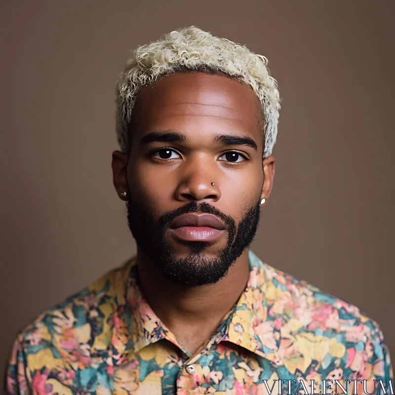 Man with Blonde Curly Hair and Colorful Shirt AI Image