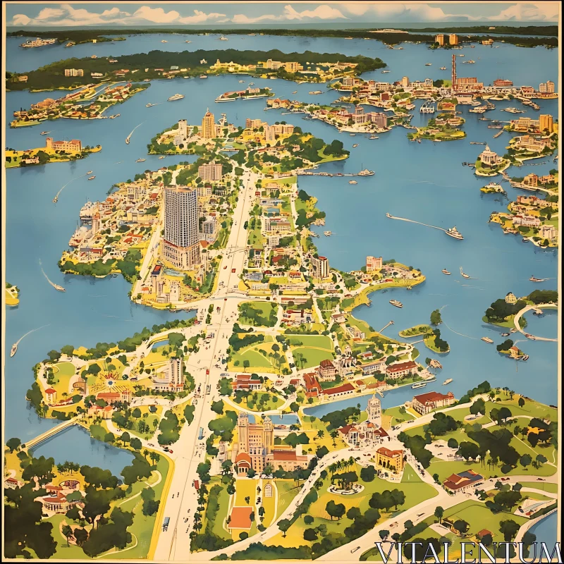 Cityscape Illustration of Coastal Islands with Urban Planning AI Image