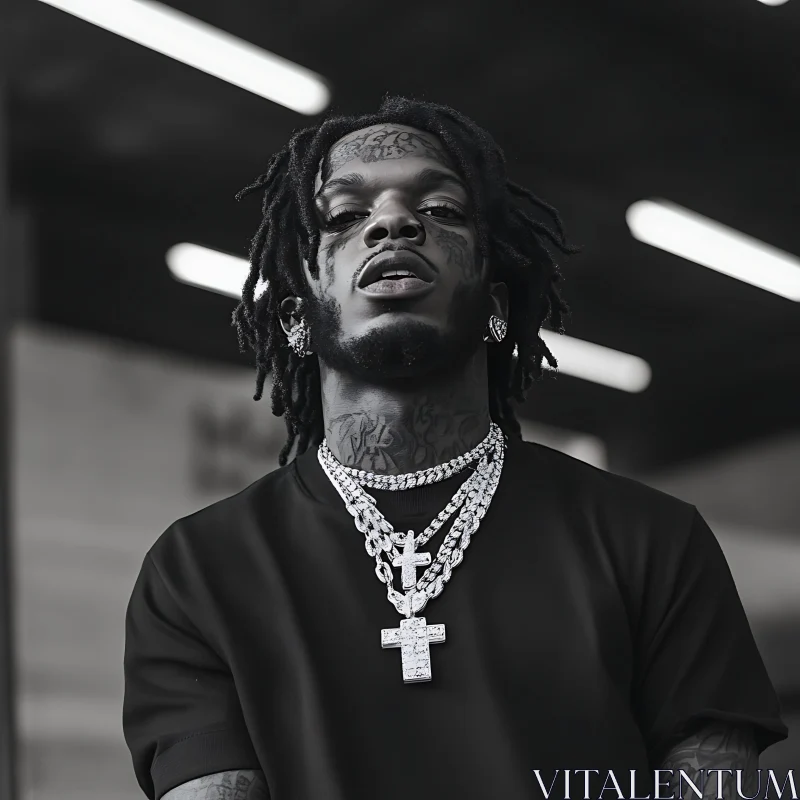 Monochrome Portrait of a Fashionable Man with Facial Tattoos and Chains AI Image