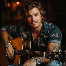 Tattooed Man in Denim Playing Guitar Indoors