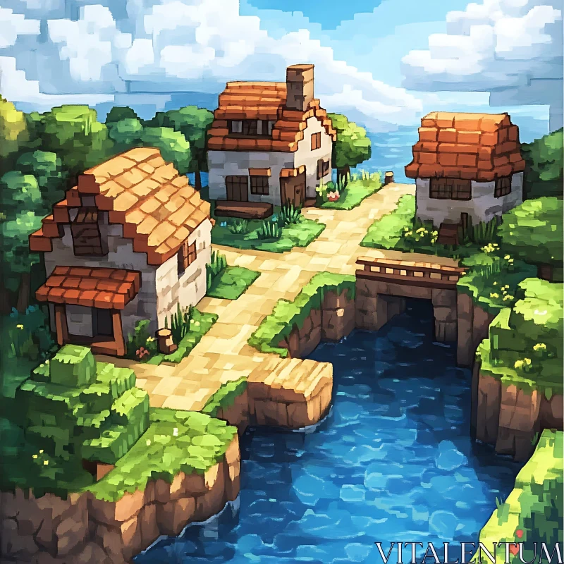 Serene Village Landscape in Pixel Art AI Image