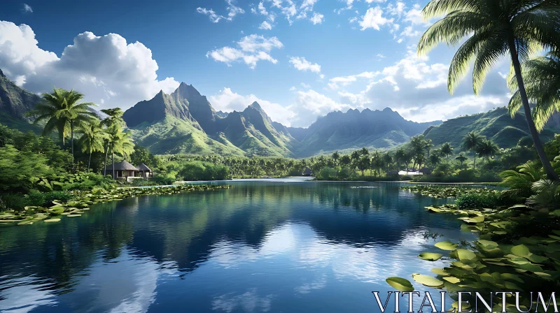 Tranquil Tropical Scene with Palms and Mountains AI Image