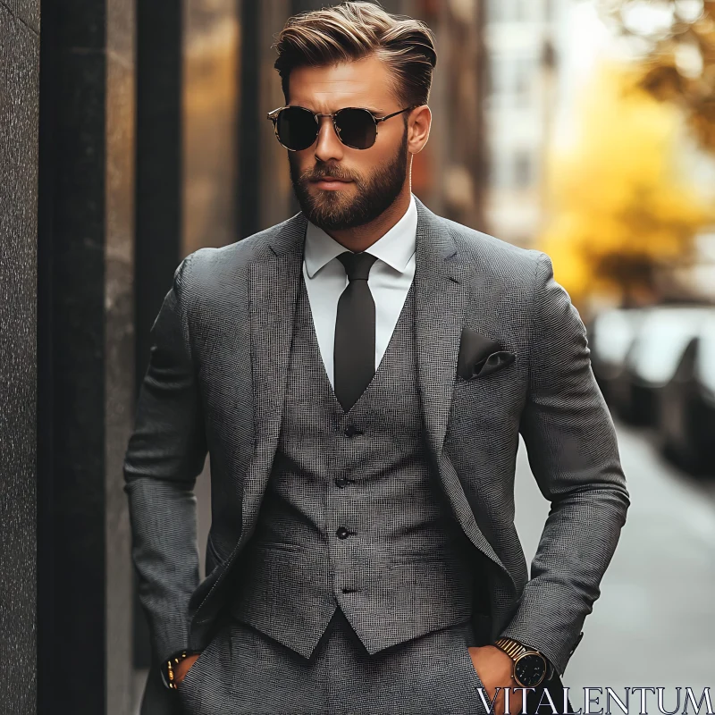 Confident Man in Grey Three-Piece Suit with Sunglasses AI Image