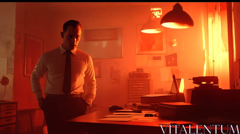 Intense Office Scene with Orange Lighting AI Image