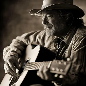 Man Strumming Guitar in Sepia Tone