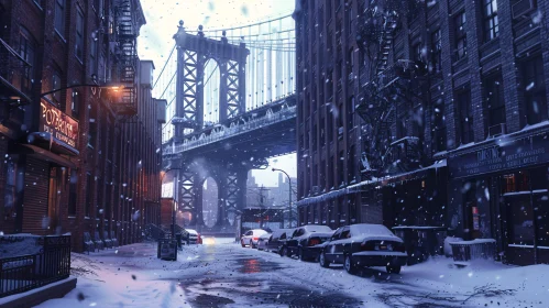 Winter Cityscape with Bridge and Snow