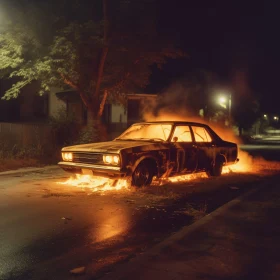 Fire-Engulfed Vehicle at Night