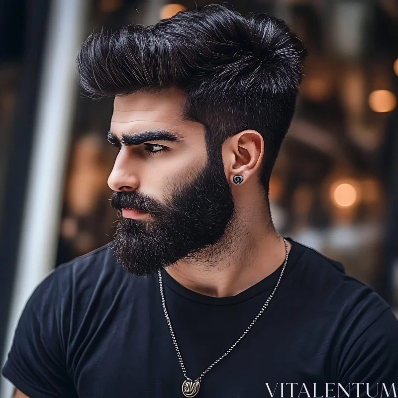 Intense Urban Portrait of a Fashionable Bearded Man AI Image