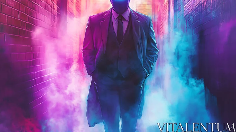 Enigmatic Figure in Colorful Misty Alleyway AI Image