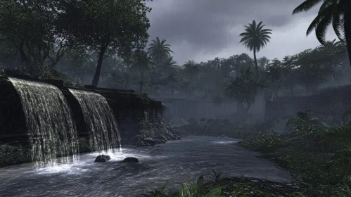 Tranquil Tropical Rainforest with Waterfall and Stream