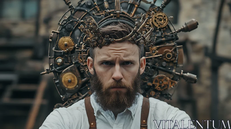 Complex Steampunk Head Apparatus on Bearded Man AI Image