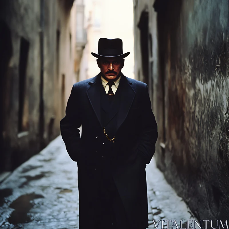 Vintage-Clad Man in Dimly-Lit Alley AI Image