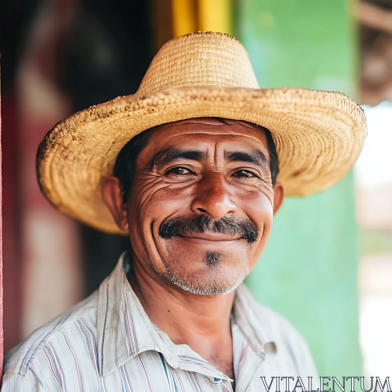 Smiling Middle-Aged Man in Straw Hat Portrait AI Image