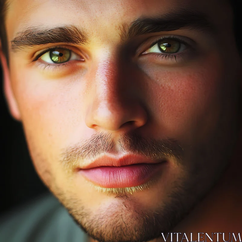 Close-Up Male Portrait with Green Eyes and Beard AI Image