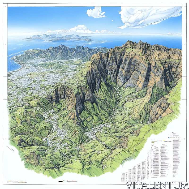 AI ART Mountainous Landscape and Valleys Illustrated Map