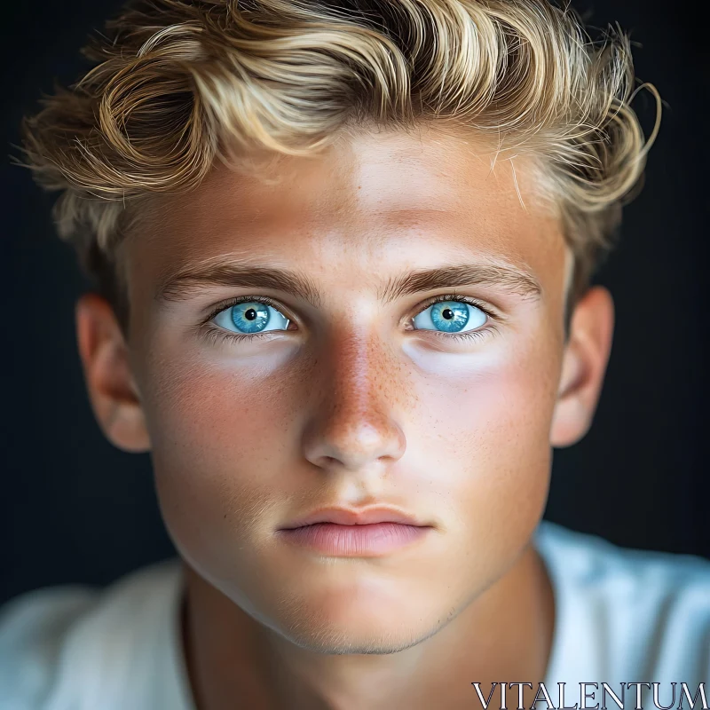 Young Man with Piercing Blue Eyes and Curly Blond Hair AI Image