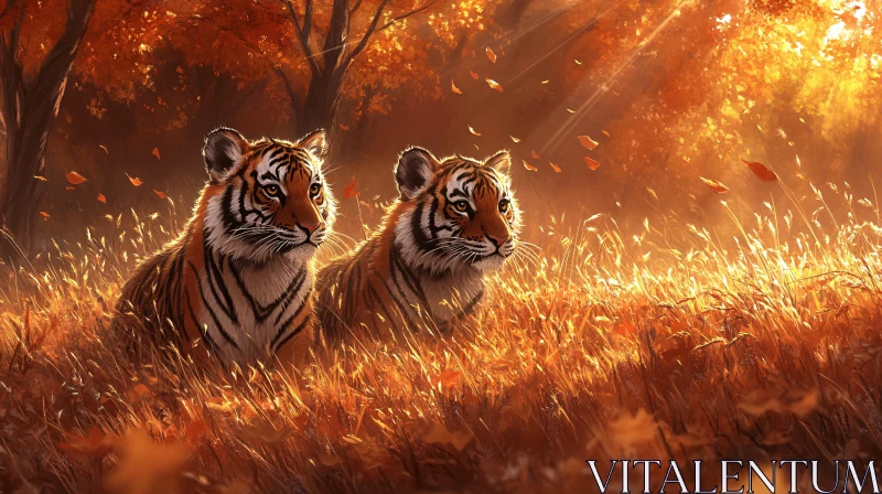 Majestic Tigers in Autumn Light AI Image