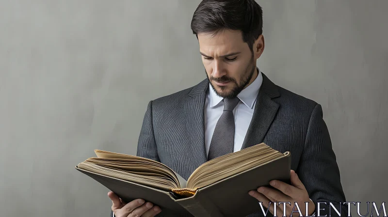 Focused Man in Grey Suit Reading a Large Book AI Image