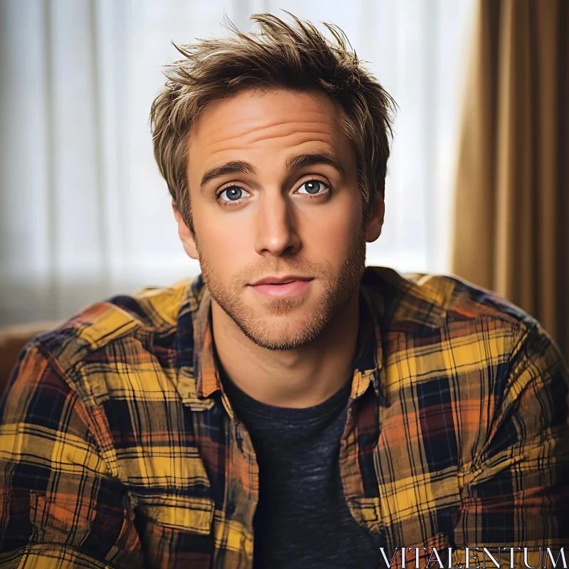 Young Man in Plaid Shirt Portrait AI Image