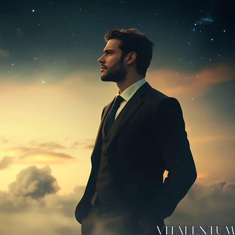 Man in Formal Wear Reflecting Under the Evening Sky AI Image