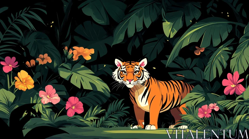 Tiger Surrounded by Vibrant Jungle AI Image