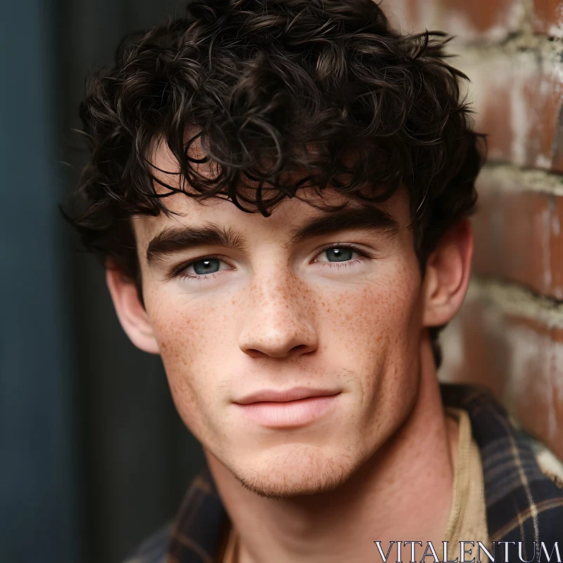 Freckled Man Standing Against Brick Wall AI Image