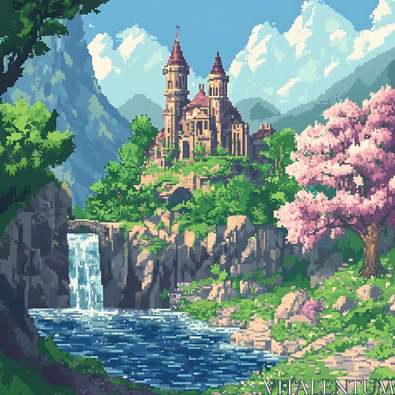 Serene Pixel Landscape of Castle and Nature AI Image