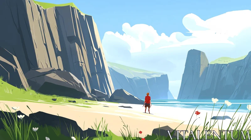 Lone Explorer on a Tranquil Beach with Towering Cliffs AI Image