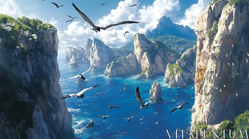 Beautiful Coastal Scene with Birds and Cliffs AI Image